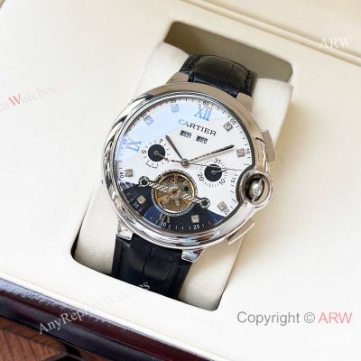 High Quality Replica CARTIER Men's Different Colors Leather Strap White With Blue Accent Face Dial Different Colors Stainless Steel Case Watch 44mm